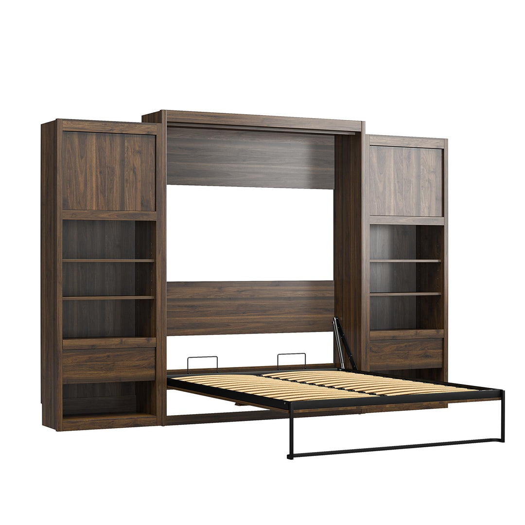 Paramount Queen Murphy Bed with 2 Bedside Bookcase Cabinets & Slide-Out Nightstands - Columbia Walnut - Queen