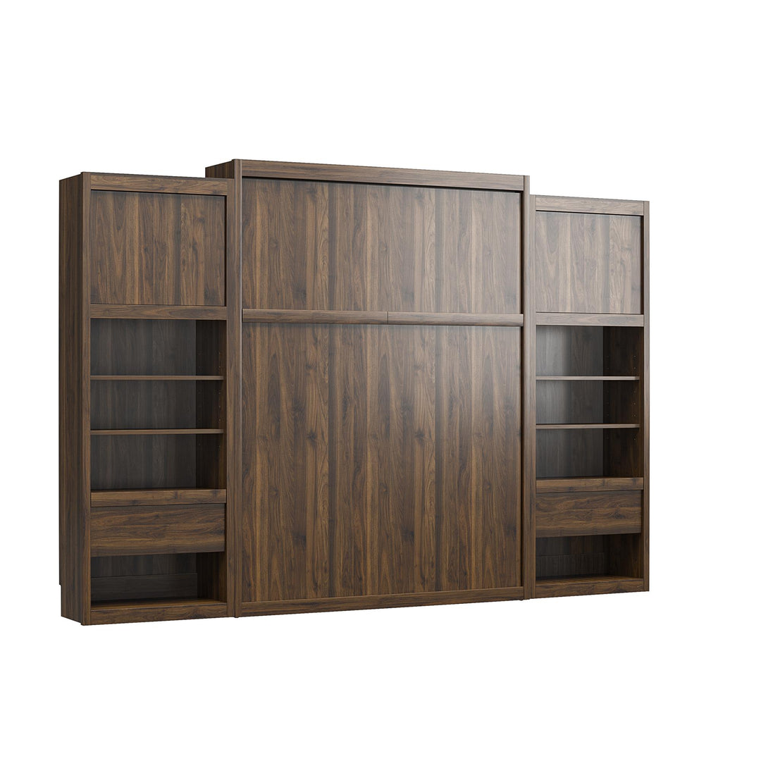 Paramount Queen Murphy Bed with 2 Bedside Bookcase Cabinets & Slide-Out Nightstands - Columbia Walnut - Queen