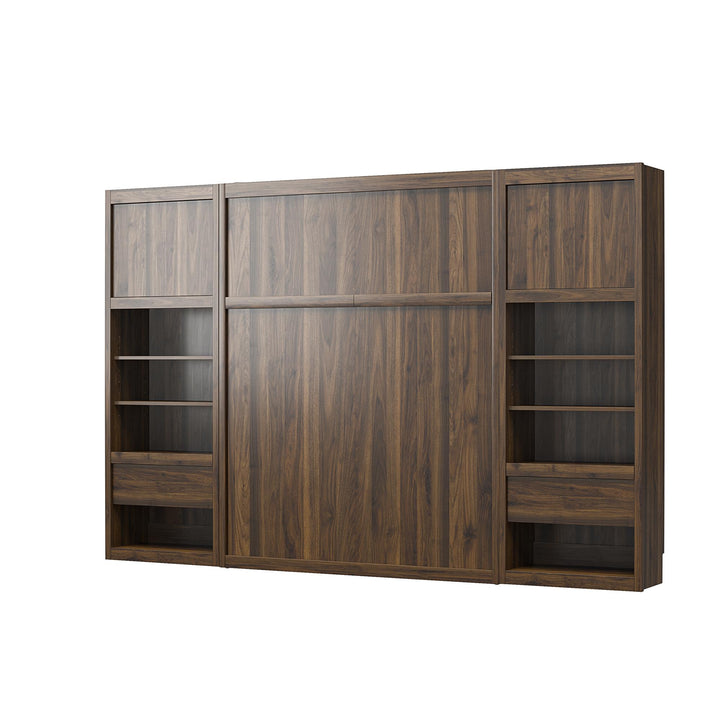 Paramount Full Murphy Bed with 2 Bedside Bookcase Cabinets & Slide-Out Nightstands - Columbia Walnut - Full