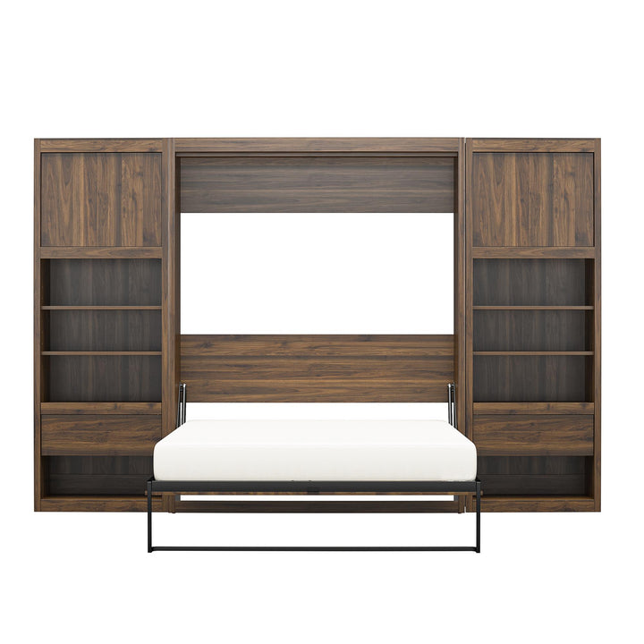 Paramount Full Murphy Bed with 2 Bedside Bookcase Cabinets & Slide-Out Nightstands - Columbia Walnut - Full