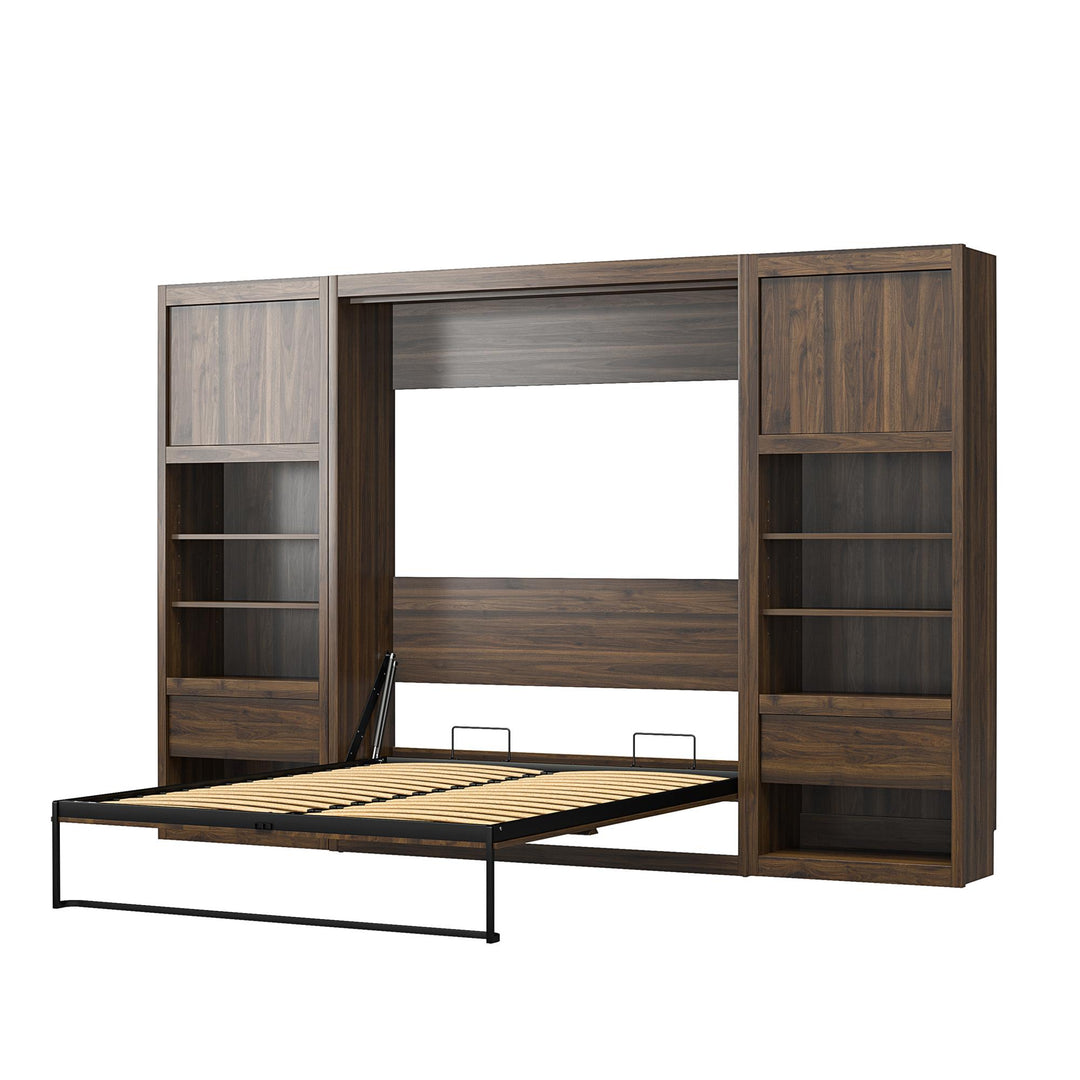 Paramount Full Murphy Bed with 2 Bedside Bookcase Cabinets & Slide-Out Nightstands - Columbia Walnut - Full