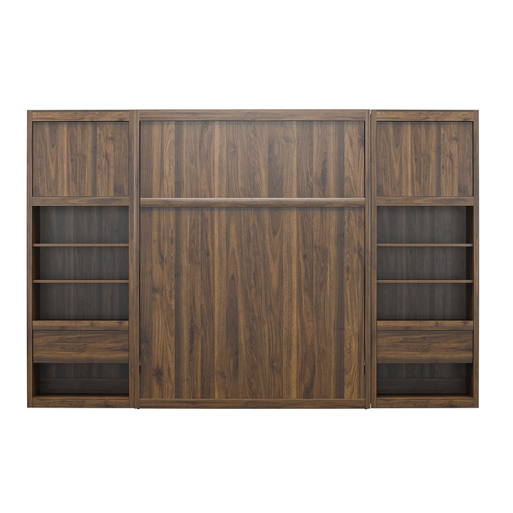 Paramount Full Murphy Bed with 2 Bedside Bookcase Cabinets & Slide-Out Nightstands - Columbia Walnut - Full