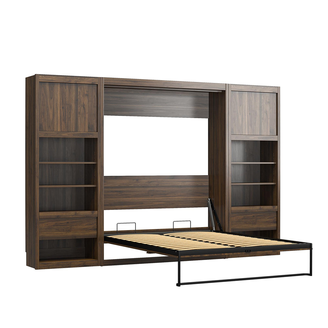 Paramount Full Murphy Bed with 2 Bedside Bookcase Cabinets & Slide-Out Nightstands - Columbia Walnut - Full