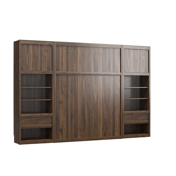 Paramount Full Murphy Bed with 2 Bedside Bookcase Cabinets & Slide-Out Nightstands - Columbia Walnut - Full