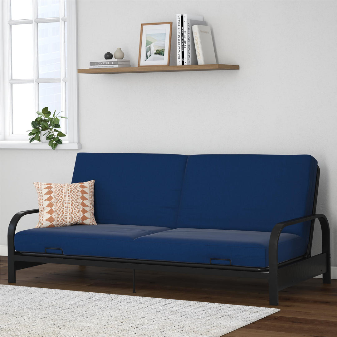 Elbern Black Metal Arm Futon Frame with Blue Linen Slipcover - Blue - Full