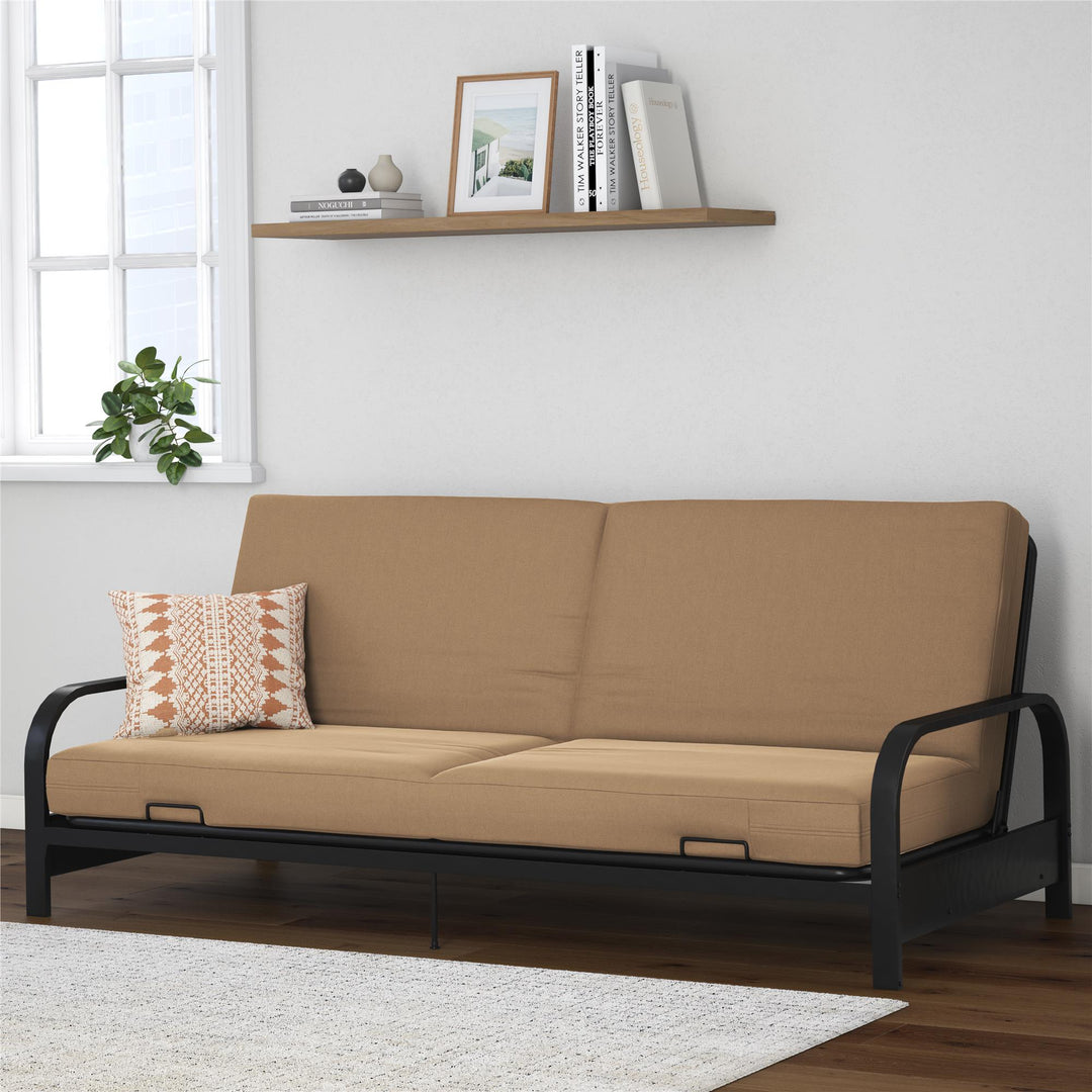 Elbern Black Metal Arm Futon Frame with Tan Linen Slipcover - Tan - Full