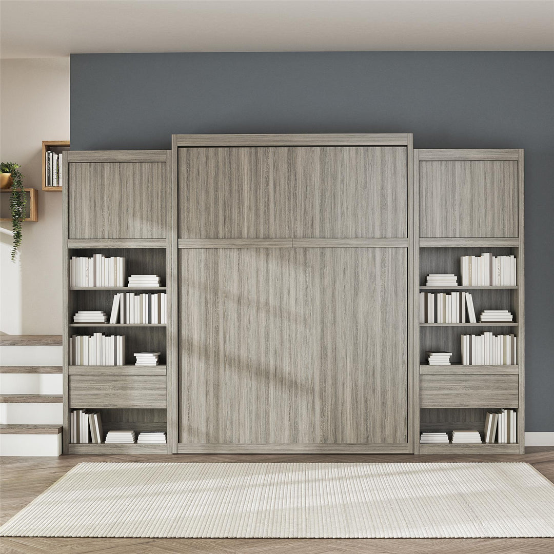 Paramount Queen Murphy Bed with 2 Bedside Bookcase Cabinets & Slide-Out Nightstands - Gray Oak - Queen