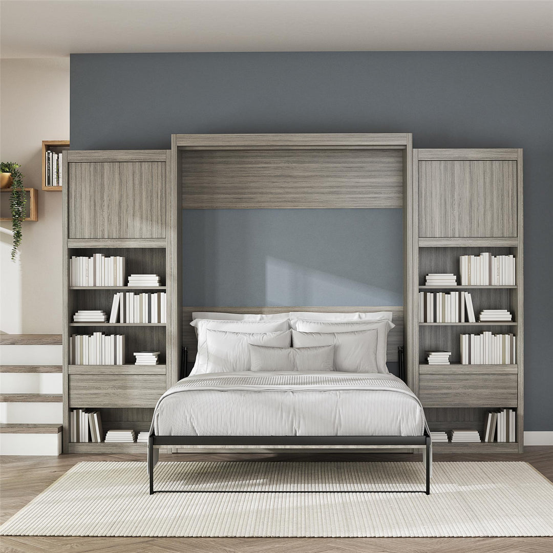 Paramount Queen Murphy Bed with 2 Bedside Bookcase Cabinets & Slide-Out Nightstands - Gray Oak - Queen