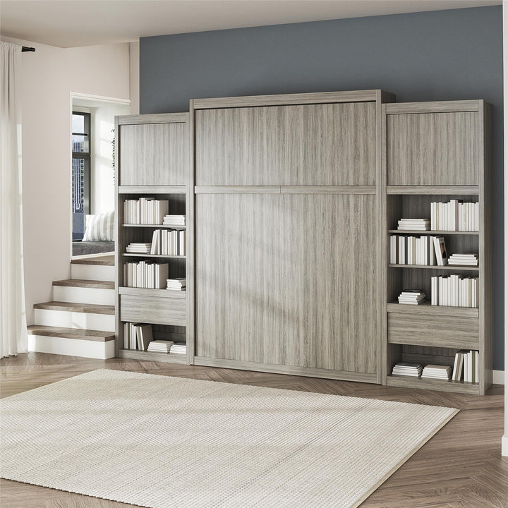 Paramount Queen Murphy Bed with 2 Bedside Bookcase Cabinets & Slide-Out Nightstands - Gray Oak - Queen