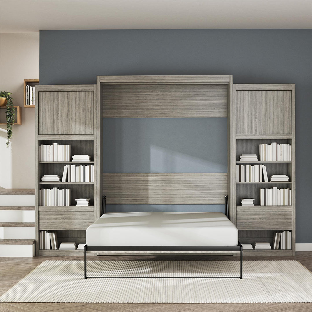 Paramount Queen Murphy Bed with 2 Bedside Bookcase Cabinets & Slide-Out Nightstands - Gray Oak - Queen