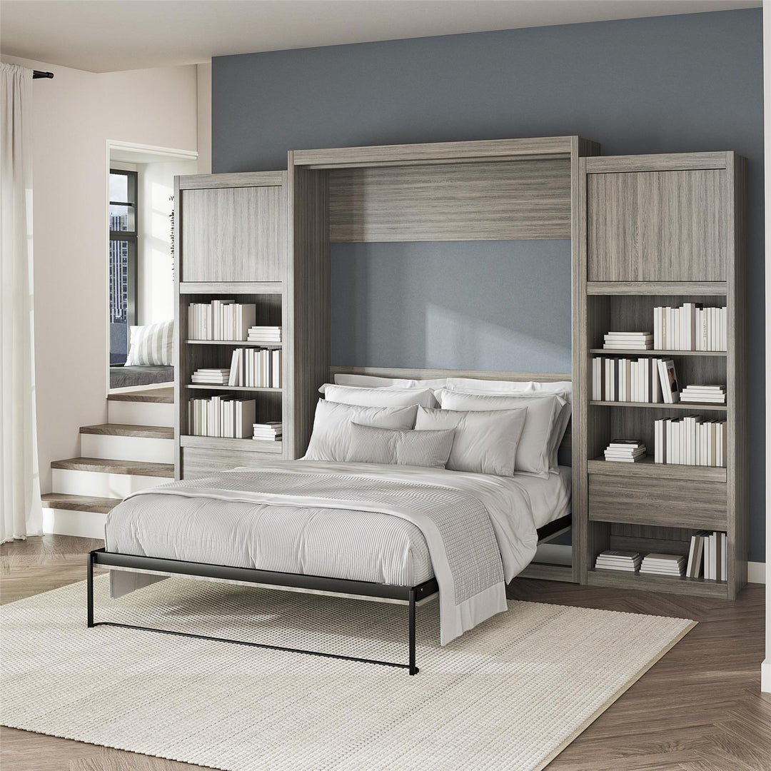 Paramount Queen Murphy Bed with 2 Bedside Bookcase Cabinets & Slide-Out Nightstands - Gray Oak - Queen