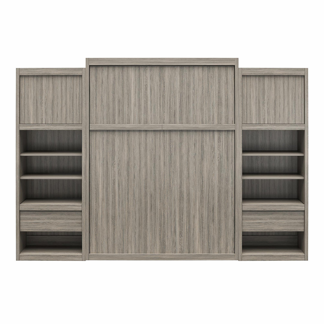 Paramount Queen Murphy Bed with 2 Bedside Bookcase Cabinets & Slide-Out Nightstands - Gray Oak - Queen