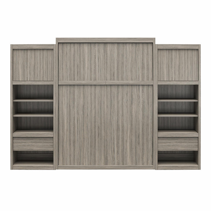 Paramount Queen Murphy Bed with 2 Bedside Bookcase Cabinets & Slide-Out Nightstands - Gray Oak - Queen