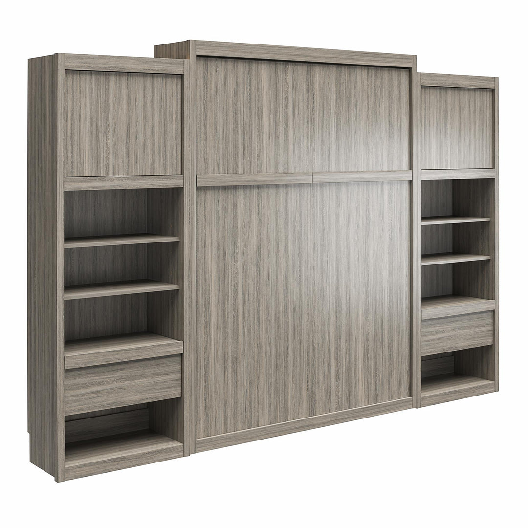 Paramount Queen Murphy Bed with 2 Bedside Bookcase Cabinets & Slide-Out Nightstands - Gray Oak - Queen