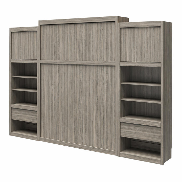 Paramount Queen Murphy Bed with 2 Bedside Bookcase Cabinets & Slide-Out Nightstands - Gray Oak - Queen