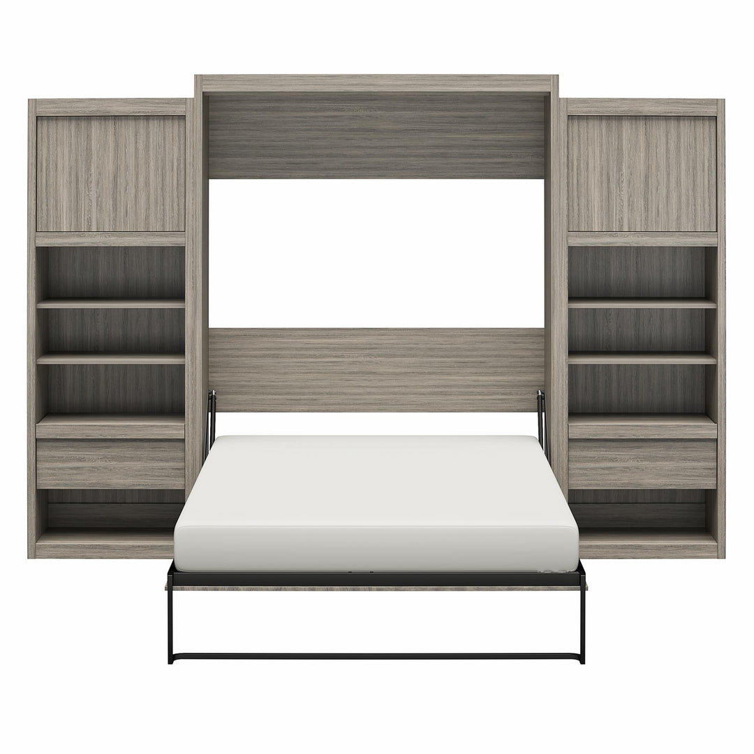 Paramount Queen Murphy Bed with 2 Bedside Bookcase Cabinets & Slide-Out Nightstands - Gray Oak - Queen