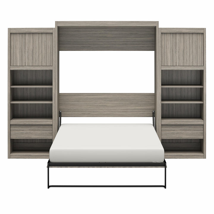 Paramount Queen Murphy Bed with 2 Bedside Bookcase Cabinets & Slide-Out Nightstands - Gray Oak - Queen