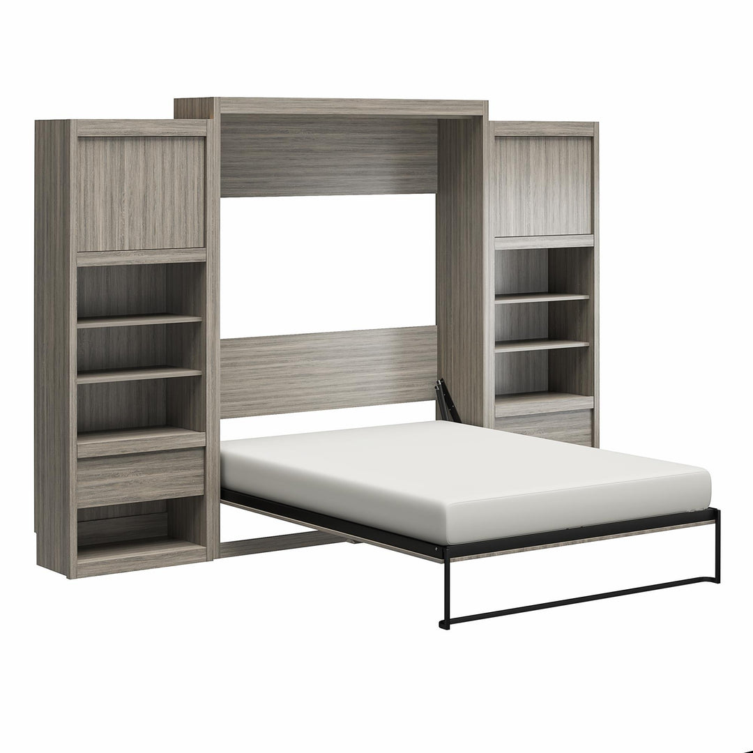 Paramount Queen Murphy Bed with 2 Bedside Bookcase Cabinets & Slide-Out Nightstands - Gray Oak - Queen