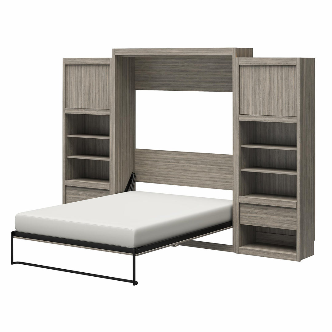 Paramount Queen Murphy Bed with 2 Bedside Bookcase Cabinets & Slide-Out Nightstands - Gray Oak - Queen