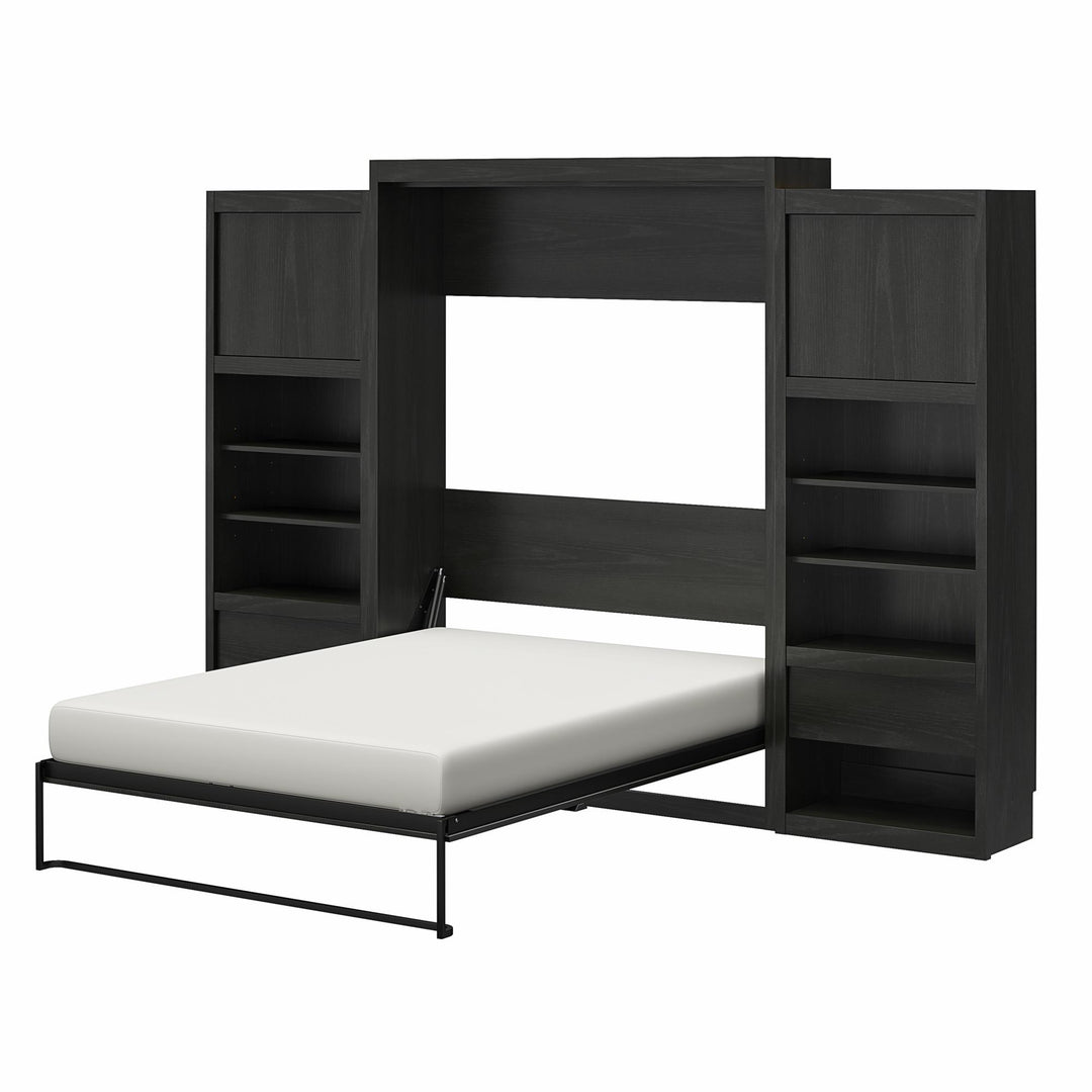 Paramount Queen Murphy Bed with 2 Bedside Bookcase Cabinets & Slide-Out Nightstands - Black Oak - Queen