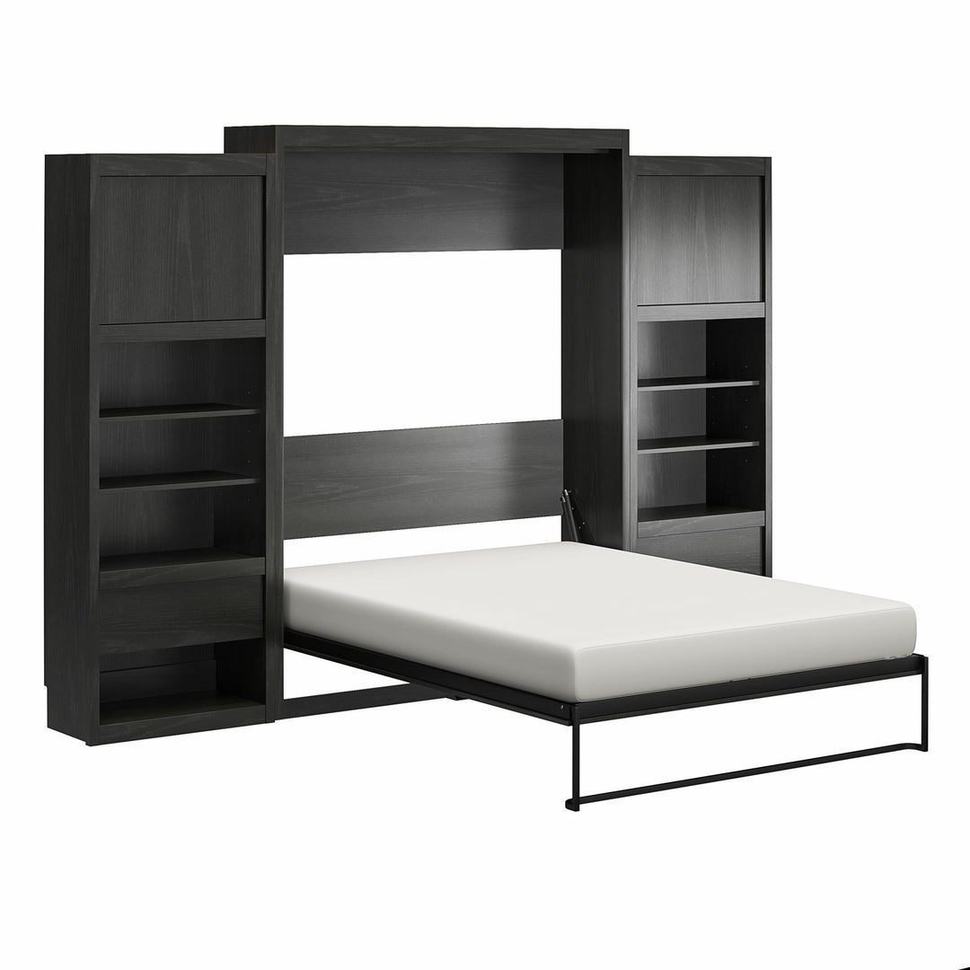 Paramount Queen Murphy Bed with 2 Bedside Bookcase Cabinets & Slide-Out Nightstands - Black Oak - Queen