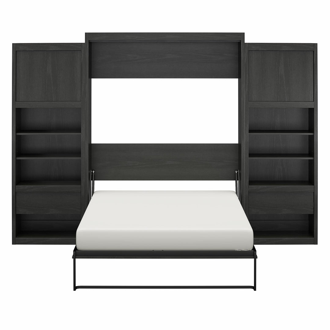 Paramount Queen Murphy Bed with 2 Bedside Bookcase Cabinets & Slide-Out Nightstands - Black Oak - Queen