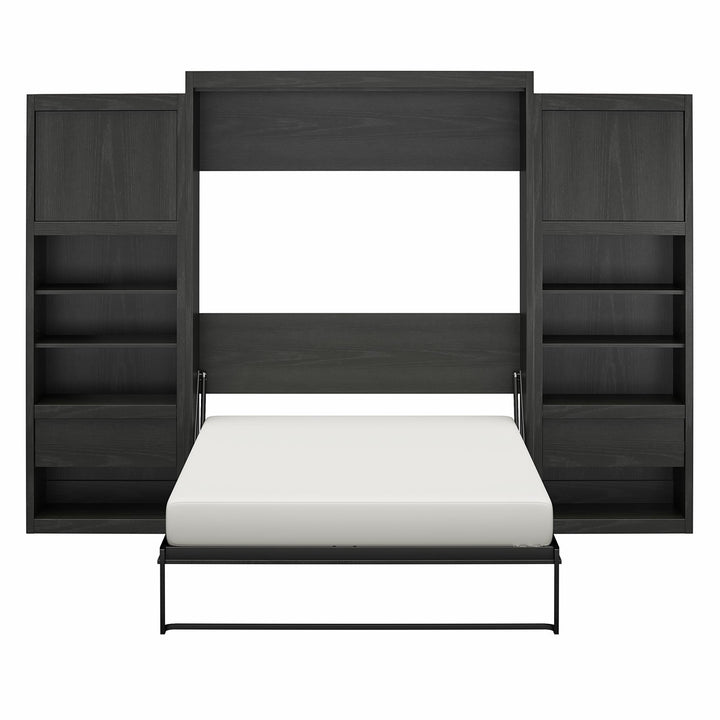 Paramount Queen Murphy Bed with 2 Bedside Bookcase Cabinets & Slide-Out Nightstands - Black Oak - Queen