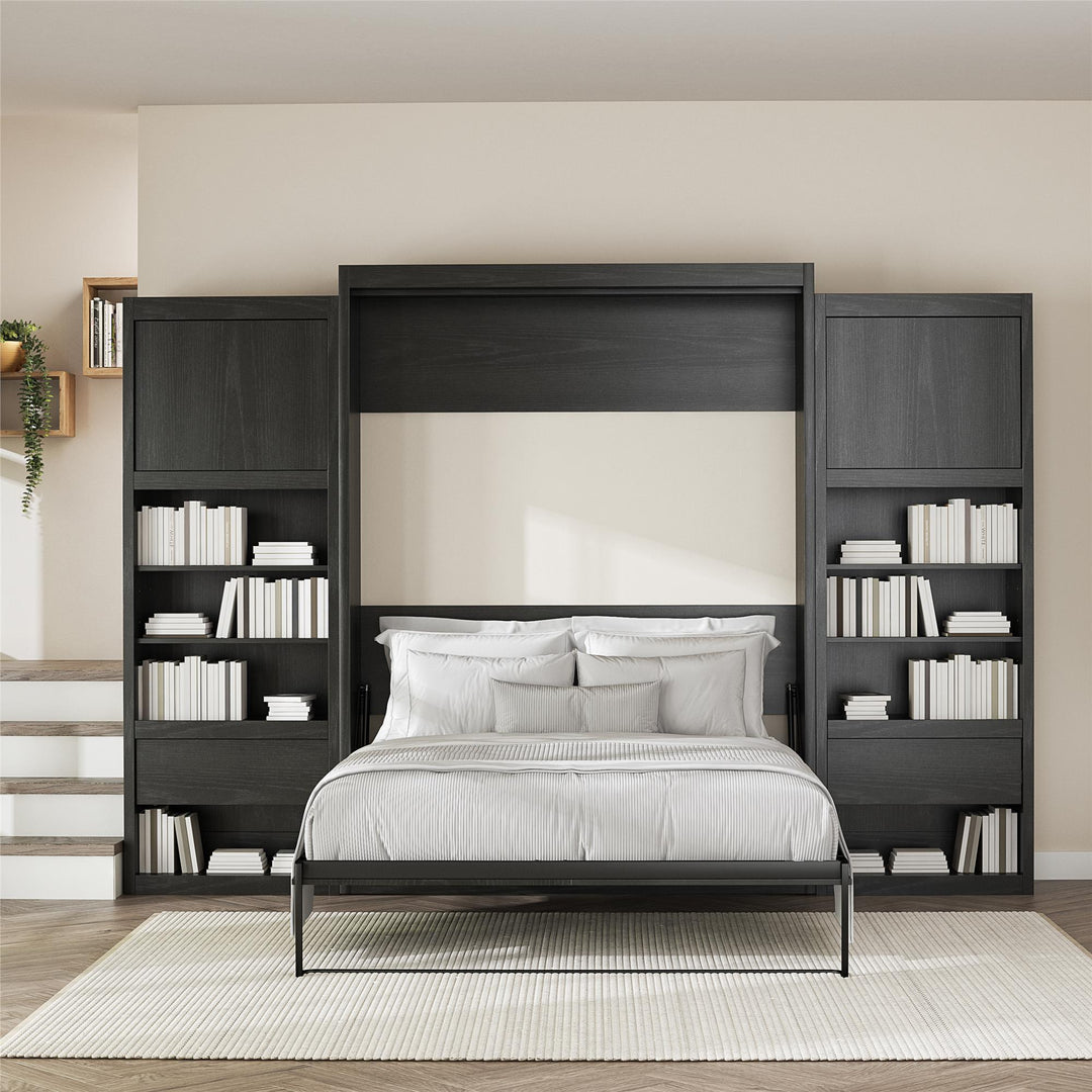 Paramount Queen Murphy Bed with 2 Bedside Bookcase Cabinets & Slide-Out Nightstands - Black Oak - Queen