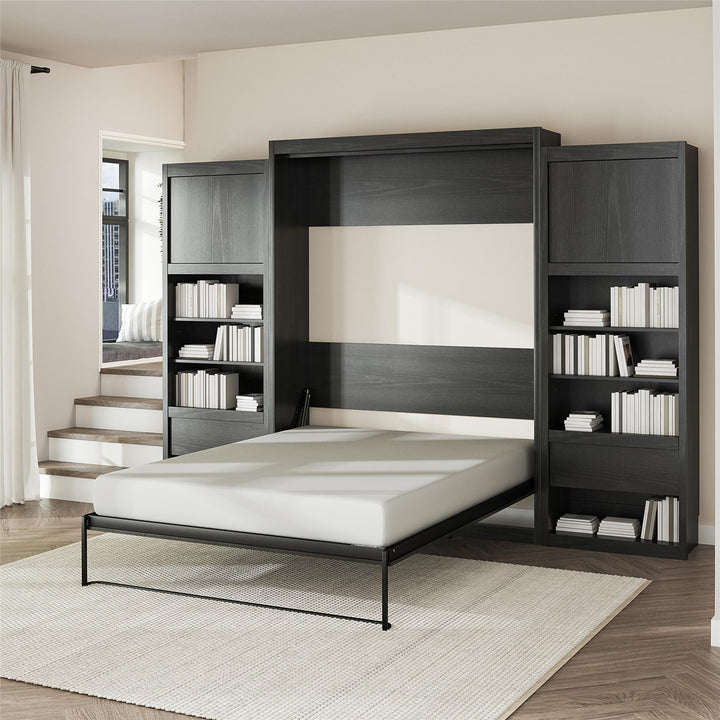 Paramount Queen Murphy Bed with 2 Bedside Bookcase Cabinets & Slide-Out Nightstands - Black Oak - Queen