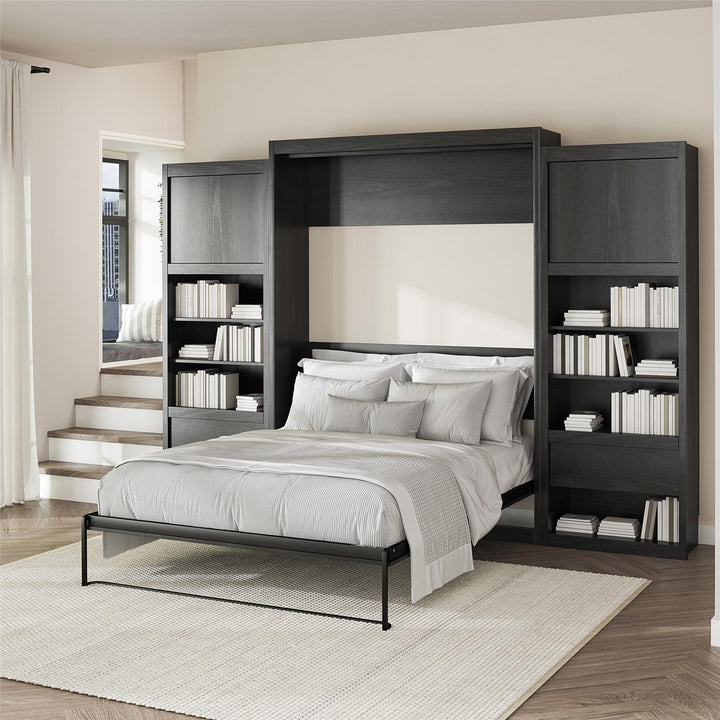 Paramount Queen Murphy Bed with 2 Bedside Bookcase Cabinets & Slide-Out Nightstands - Black Oak - Queen