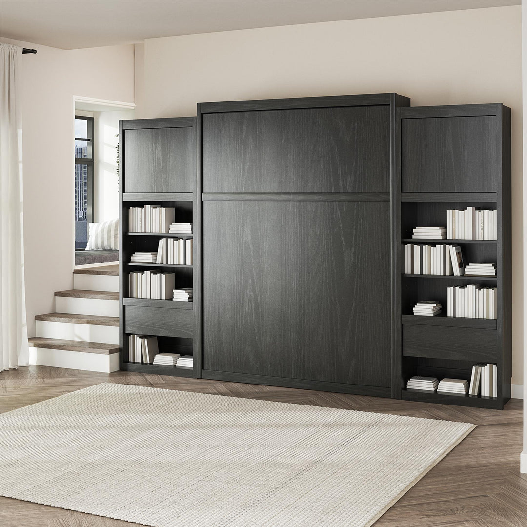 Paramount Queen Murphy Bed with 2 Bedside Bookcase Cabinets & Slide-Out Nightstands - Black Oak - Queen