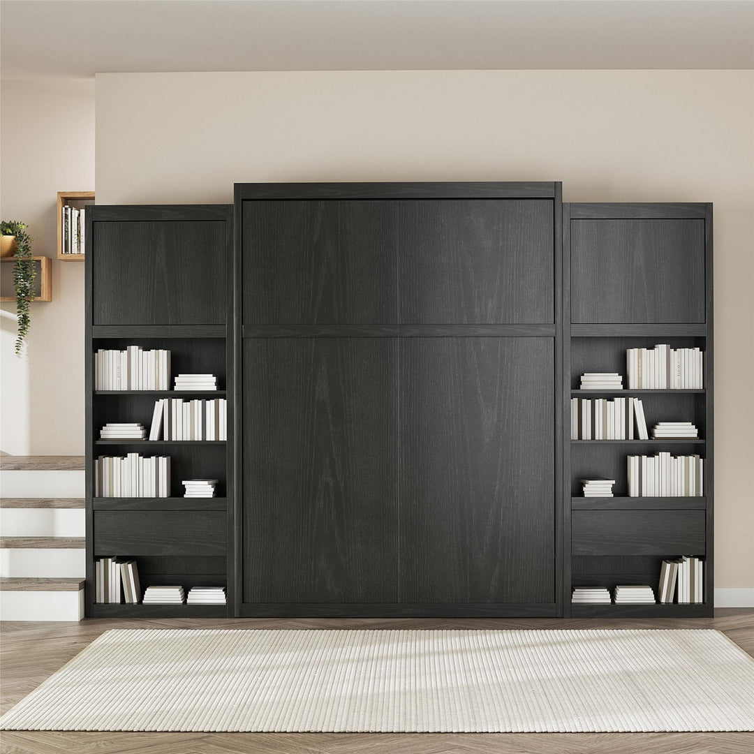 Paramount Queen Murphy Bed with 2 Bedside Bookcase Cabinets & Slide-Out Nightstands - Black Oak - Queen