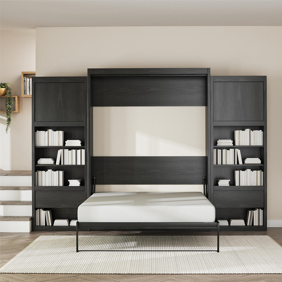 Paramount Queen Murphy Bed with 2 Bedside Bookcase Cabinets & Slide-Out Nightstands - Black Oak - Queen