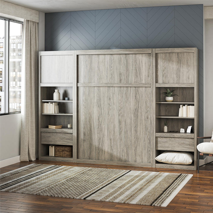 Paramount Full Murphy Bed with 2 Bedside Bookcase Cabinets & Slide-Out Nightstands - Gray Oak - Full