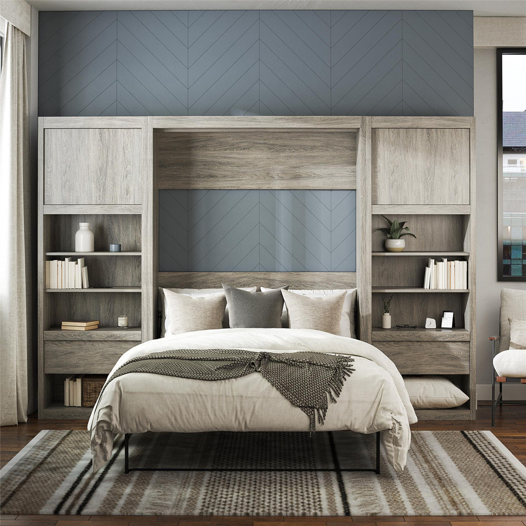 Paramount Full Murphy Bed with 2 Bedside Bookcase Cabinets & Slide-Out Nightstands - Gray Oak - Full