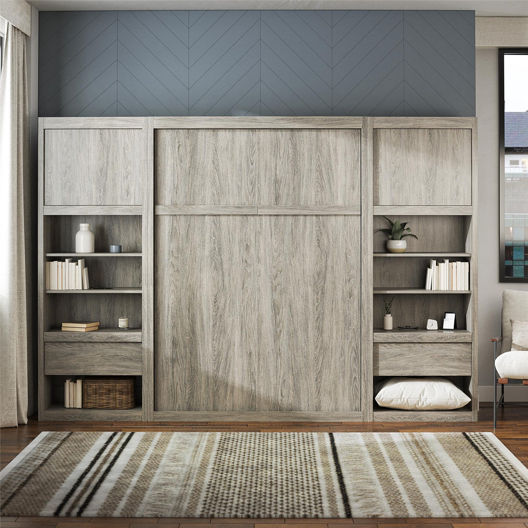 Paramount Full Murphy Bed with 2 Bedside Bookcase Cabinets & Slide-Out Nightstands - Gray Oak - Full