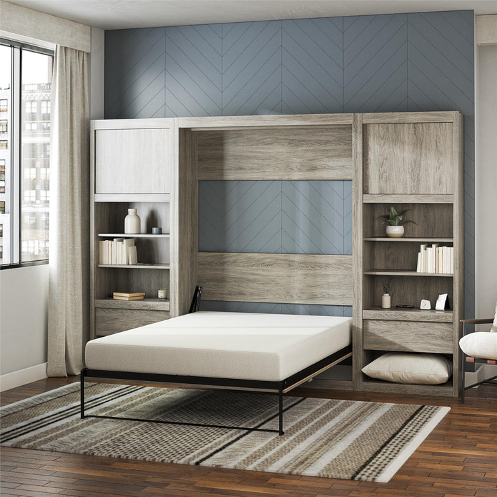 Paramount Full Murphy Bed with 2 Bedside Bookcase Cabinets & Slide-Out Nightstands - Gray Oak - Full