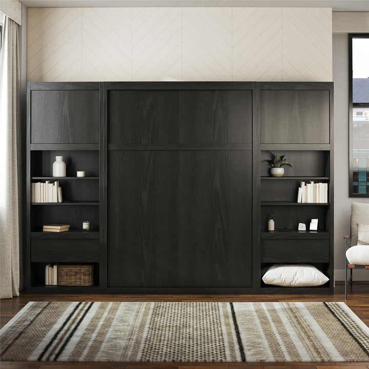 Paramount Full Murphy Bed with 2 Bedside Bookcase Cabinets & Slide-Out Nightstands - Black Oak - Full