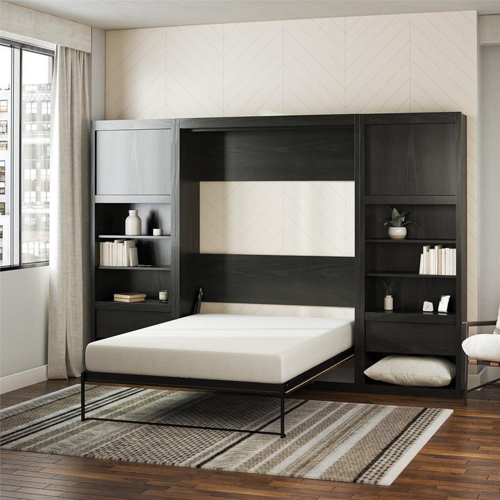 Paramount Full Murphy Bed with 2 Bedside Bookcase Cabinets & Slide-Out Nightstands - Black Oak - Full