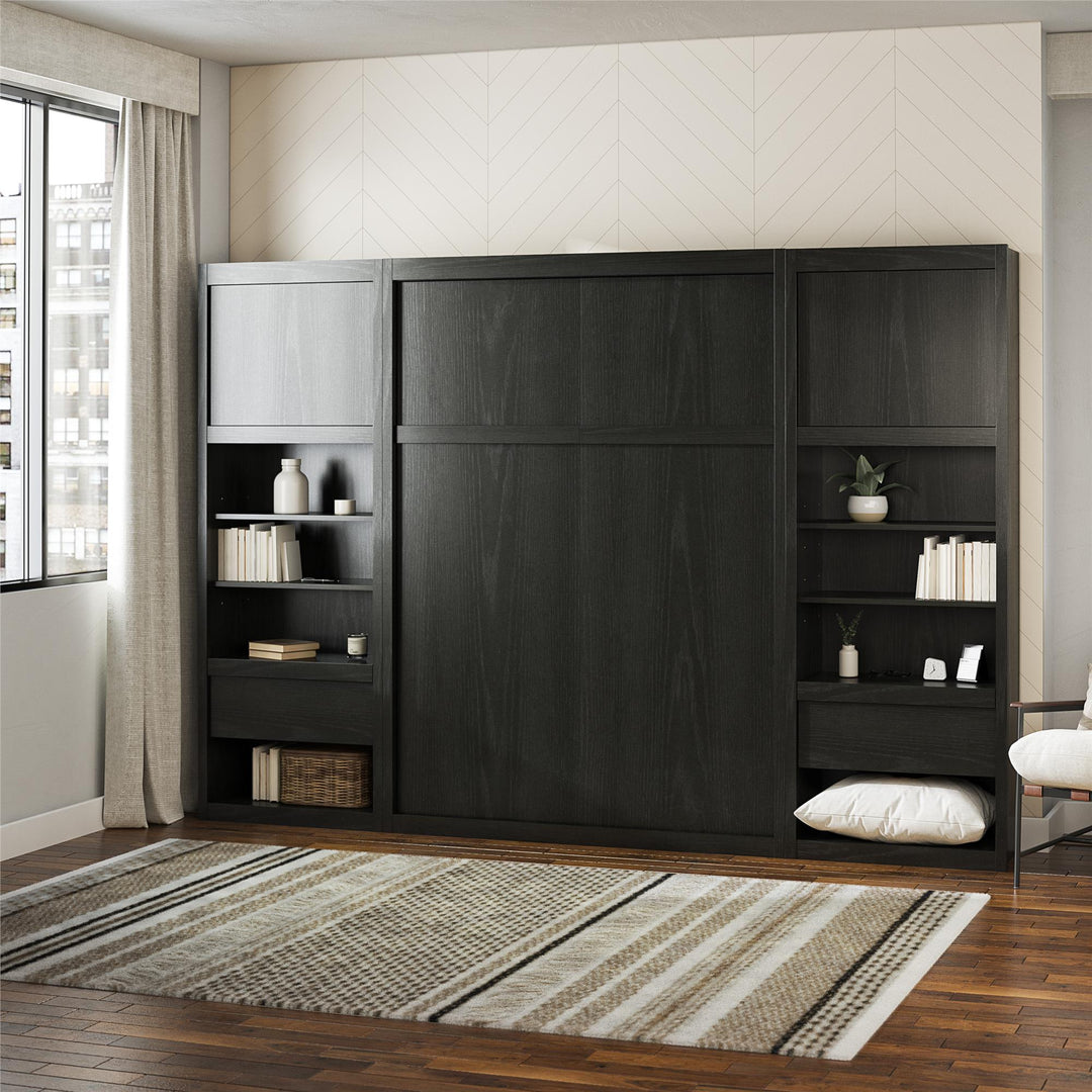 Paramount Full Murphy Bed with 2 Bedside Bookcase Cabinets & Slide-Out Nightstands - Black Oak - Full