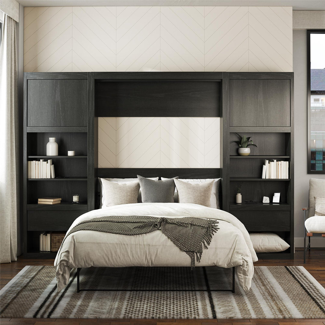 Paramount Full Murphy Bed with 2 Bedside Bookcase Cabinets & Slide-Out Nightstands - Black Oak - Full