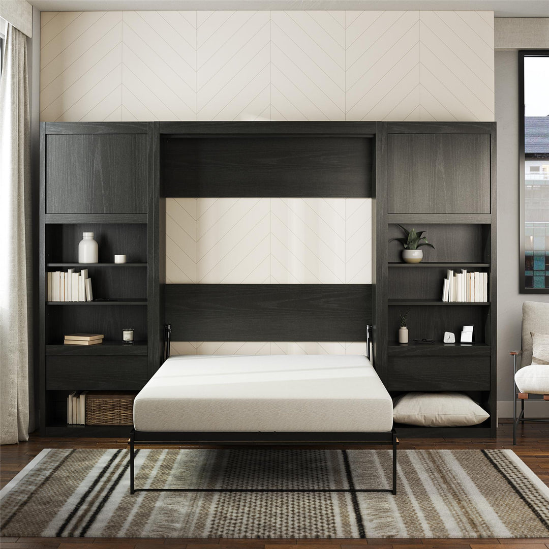 Paramount Full Murphy Bed with 2 Bedside Bookcase Cabinets & Slide-Out Nightstands - Black Oak - Full