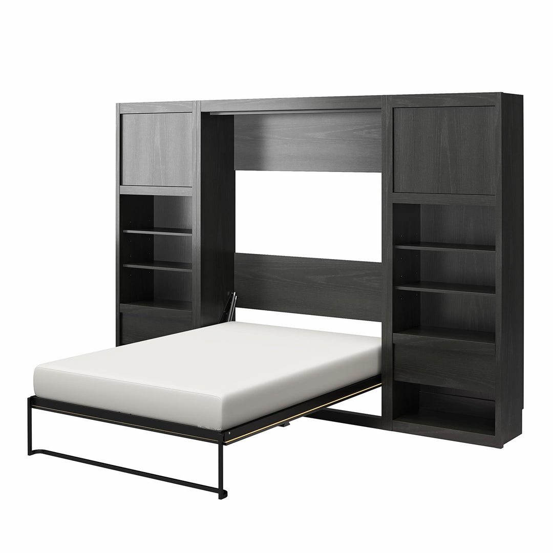 Paramount Full Murphy Bed with 2 Bedside Bookcase Cabinets & Slide-Out Nightstands - Black Oak - Full