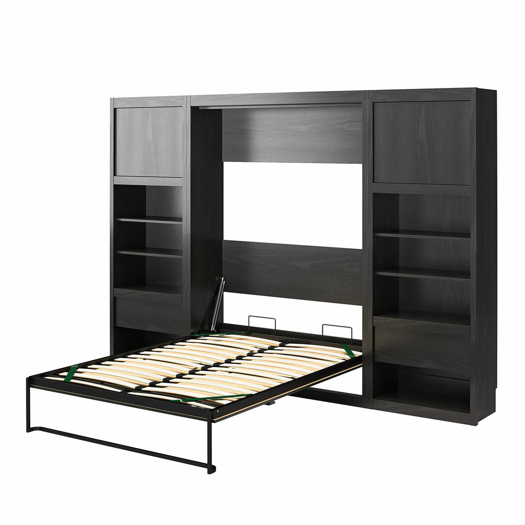 Paramount Full Murphy Bed with 2 Bedside Bookcase Cabinets & Slide-Out Nightstands - Black Oak - Full