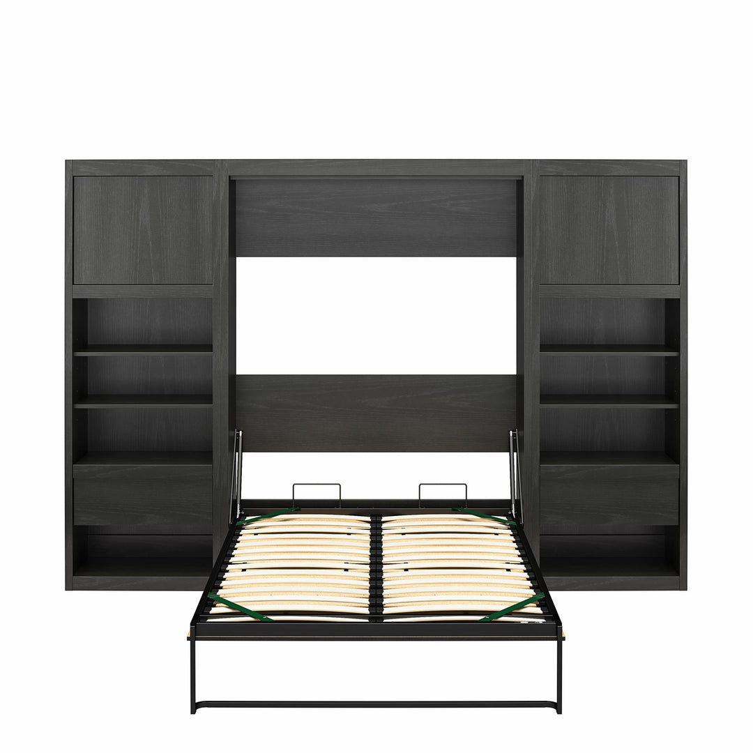 Paramount Full Murphy Bed with 2 Bedside Bookcase Cabinets & Slide-Out Nightstands - Black Oak - Full