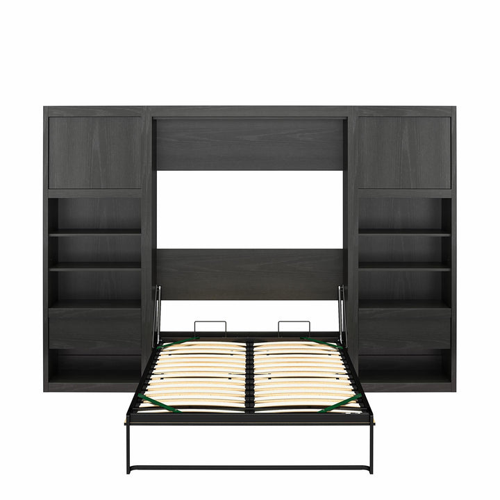 Paramount Full Murphy Bed with 2 Bedside Bookcase Cabinets & Slide-Out Nightstands - Black Oak - Full