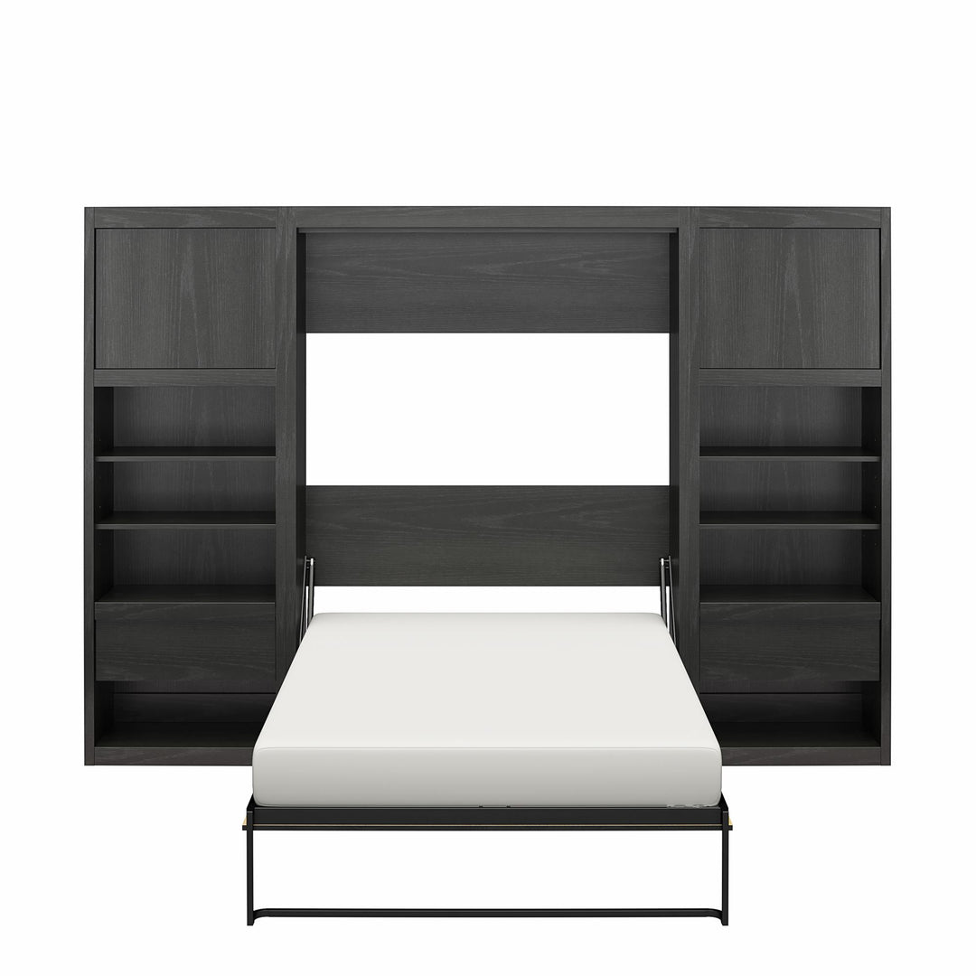 Paramount Full Murphy Bed with 2 Bedside Bookcase Cabinets & Slide-Out Nightstands - Black Oak - Full