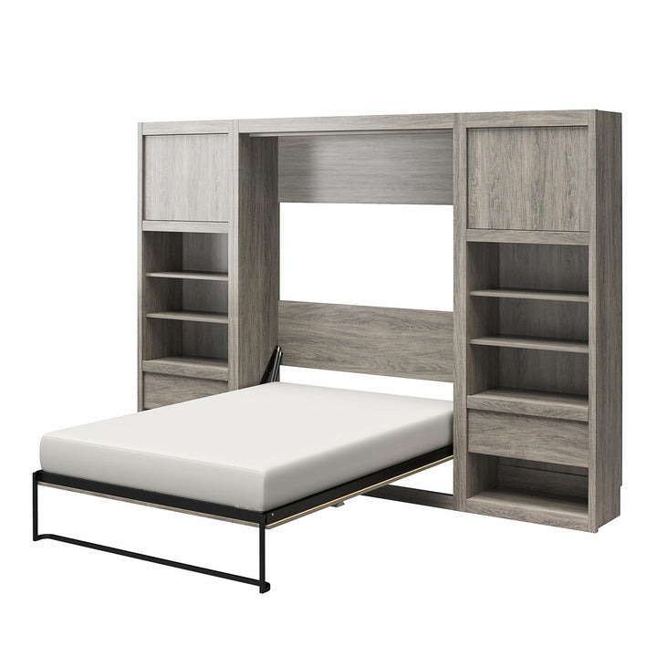 Paramount Full Murphy Bed with 2 Bedside Bookcase Cabinets & Slide-Out Nightstands - Gray Oak - Full