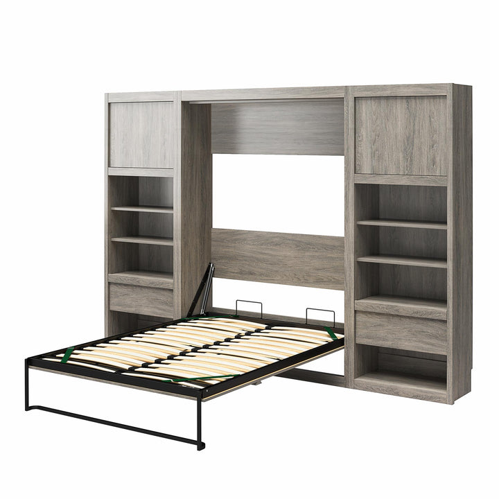 Paramount Full Murphy Bed with 2 Bedside Bookcase Cabinets & Slide-Out Nightstands - Gray Oak - Full