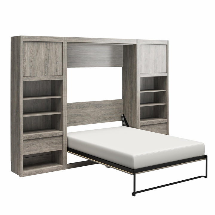 Paramount Full Murphy Bed with 2 Bedside Bookcase Cabinets & Slide-Out Nightstands - Gray Oak - Full